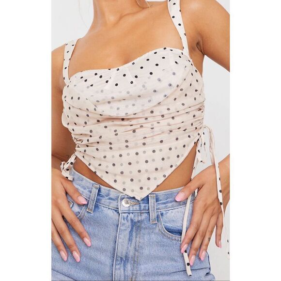CREAM POLKA DOT RUCHED corset COWL CAMI zip tank top prettYLITTLEthing NWT 6 S - Picture 10 of 10